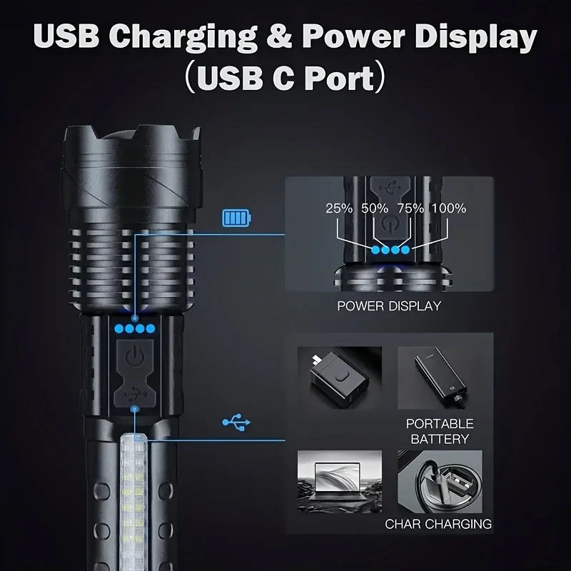 Güçlü LED El Feneri Pil Göster - Outdoor Lighting Usb incelemesi ve fiyatı